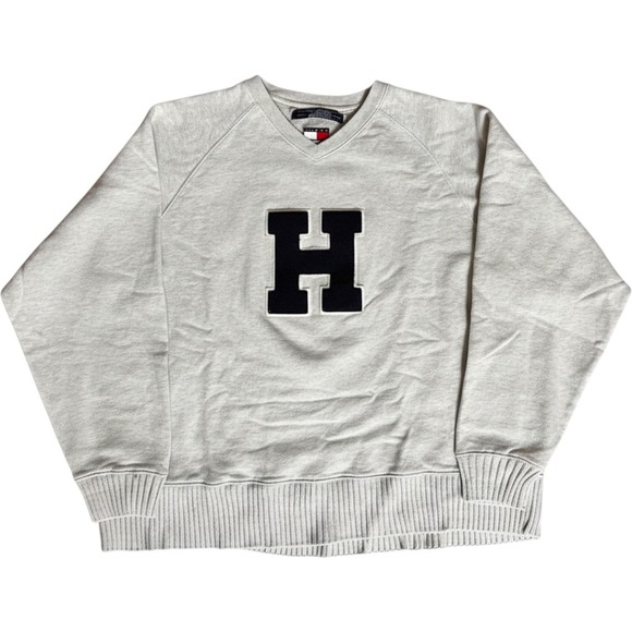 Tommy Hilfiger Other - Tommy Hilfiger Vintage Gray Chenille H Patch V-Neck Sweatshirt XL Raglan Sleeve